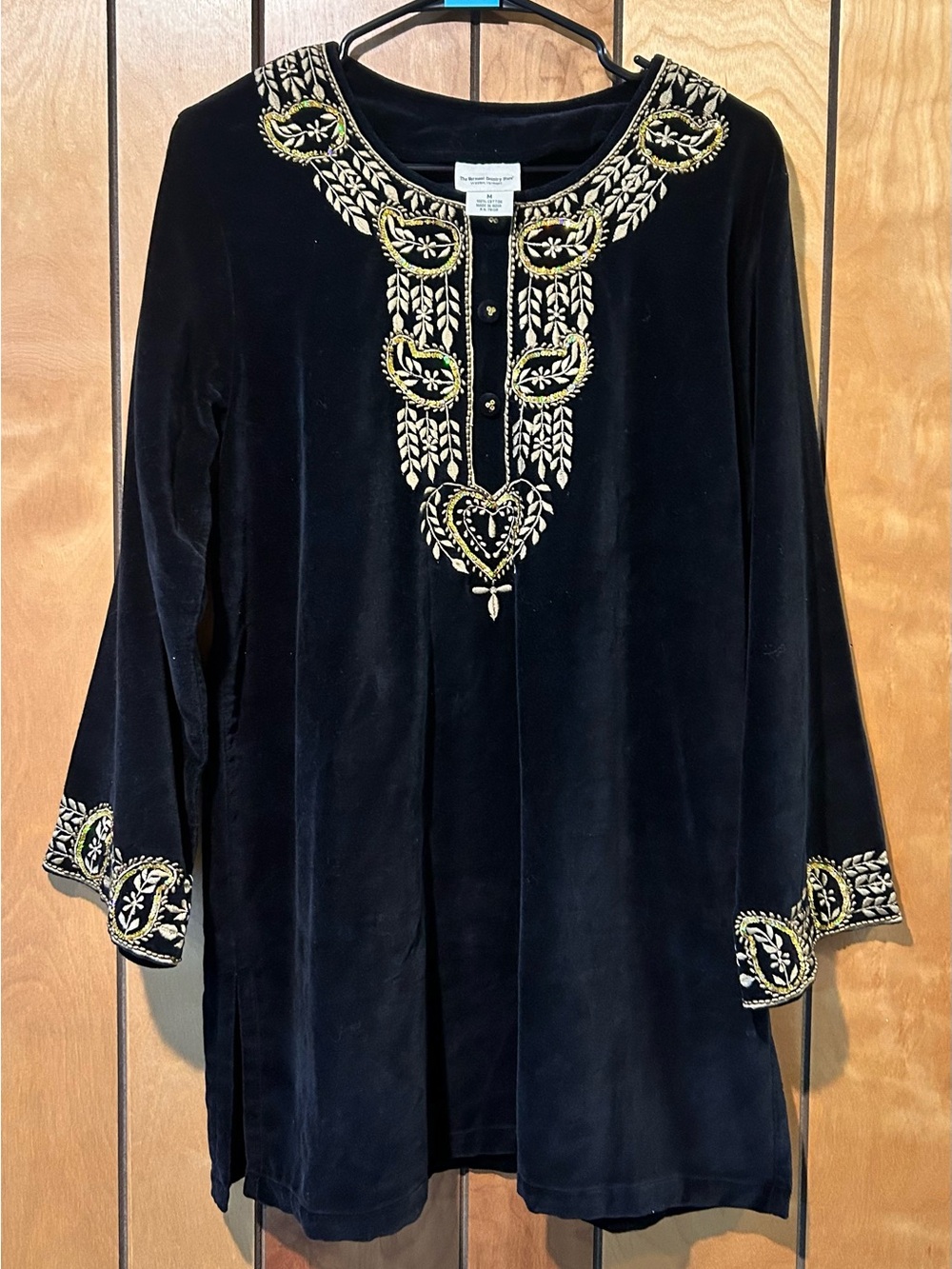 Black Velvet Tunic with Gold Embroidered Neckline - Women’s Tunic
